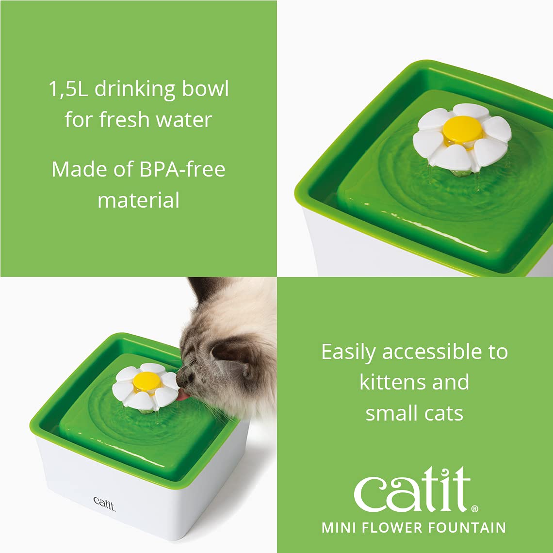 Catit 2.0 Mini Flower Drinking Fountain – Cat Water Fountain With Triple Filter And Ergonomic Drinking Options,Green