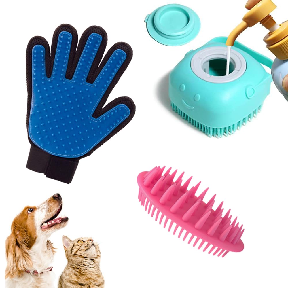 Pethood Combo Of 3 Soft Silicone Pet Grooming Brush Glove For Dogs & Cats | AntiShedding Scrubber Dispenser For Deep Cleaning &