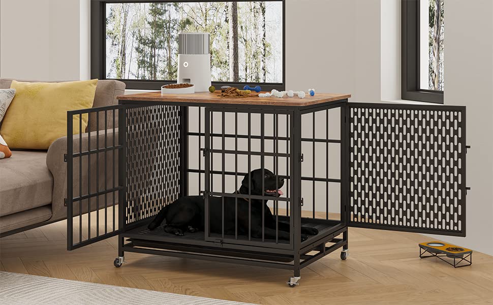 BOINN Extra Large Dog Crate Furniture, 42" Heavy Duty Metal, 3 Doors, 4 Wheels, 5 Locks for Medium & Large Dogs