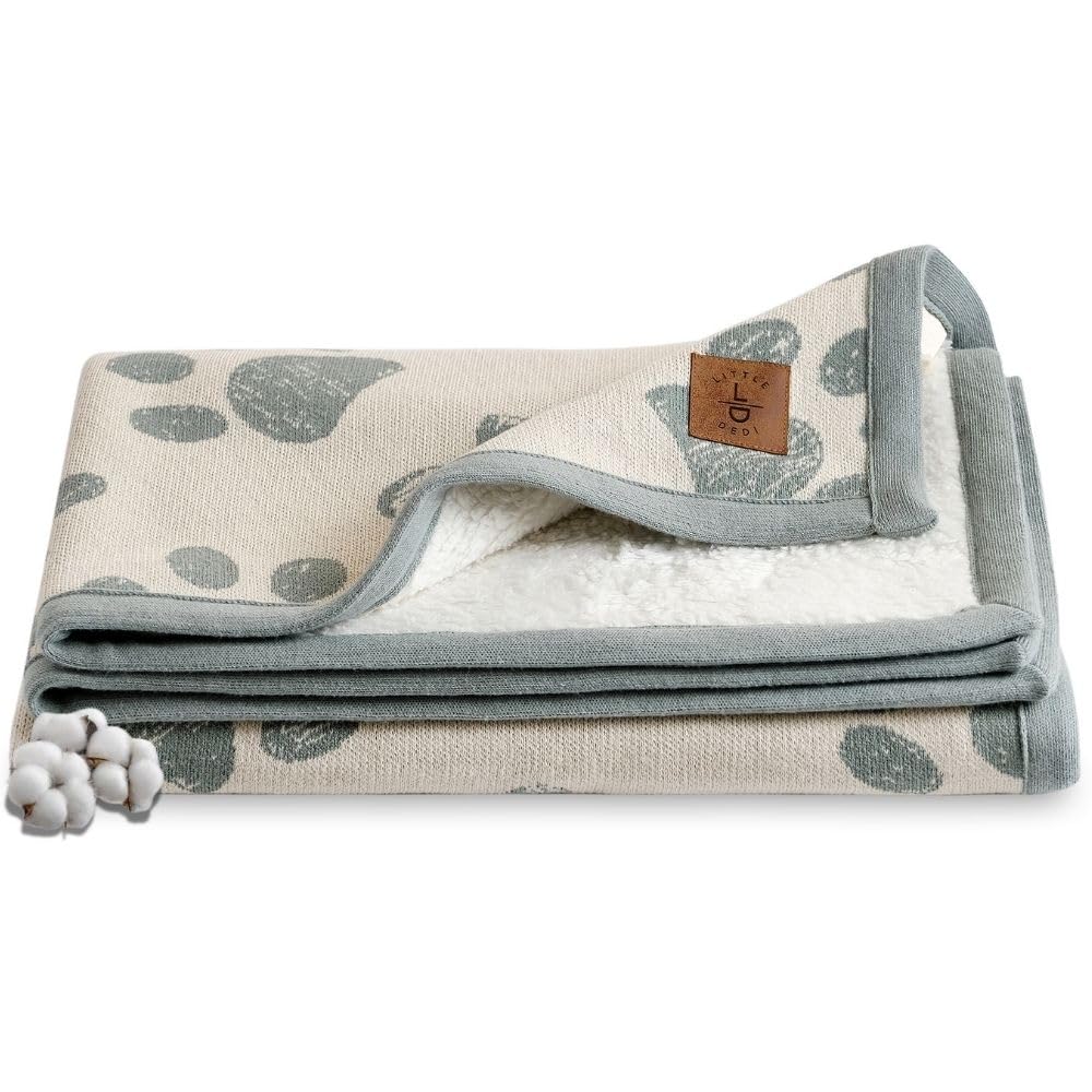 Little Dedi Small Pet Blanket - 100% Organic Cotton, Double Layer Plush Sherpa, Soft Plush, Green Jacquard Paw Knit, 30''X38'', 