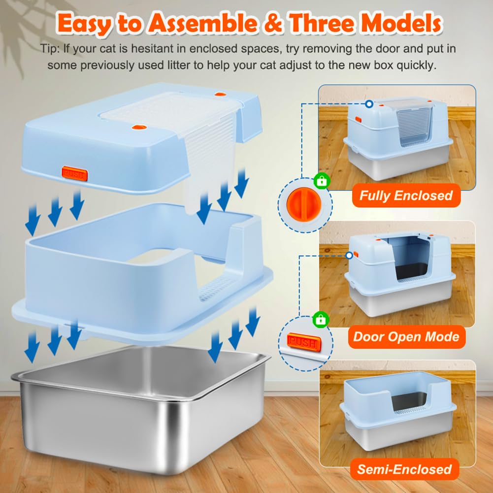 Vivifying Stainless Steel Litter Box With Lid, Xl Side Entry Extra Large Litter Box For Big Cats & Kitty, Removable Enclosed Met