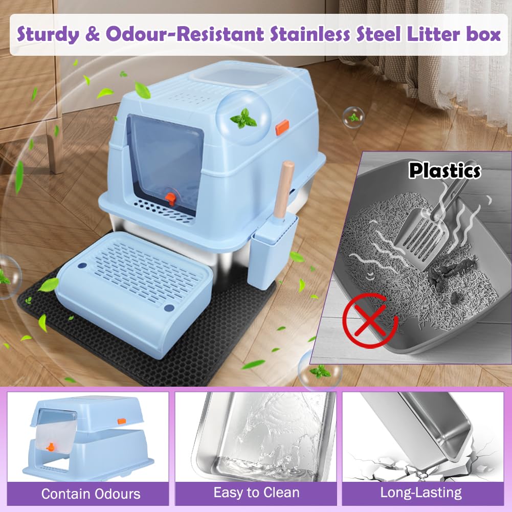 Xl Stainless Steel Litter Box, Easy-Clean With Top Exit Design, Odor Control Litter Box With Fully Enclosed Design & Activated C