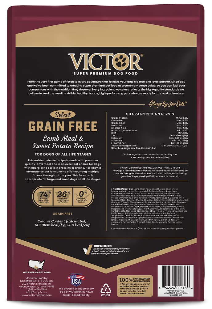 Victor Super Premium Dog Food - Grain Free Lamb Meal & Sweet Potato Recipe - Dry Dog Food for Dogs of All Life Stages - High Pro