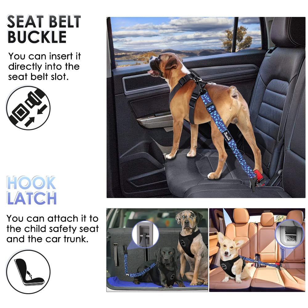 Slowton Dog Seat Belt, Adjustable Dog Safety Belt Leash, 2 In 1 Latch Bar Attachment Dog Car Seatbelt With Elastic Nylon Bungee Buffer, Reflective Nylon Belt Tether Connect To Dog Harness (Bl Dog Paw)