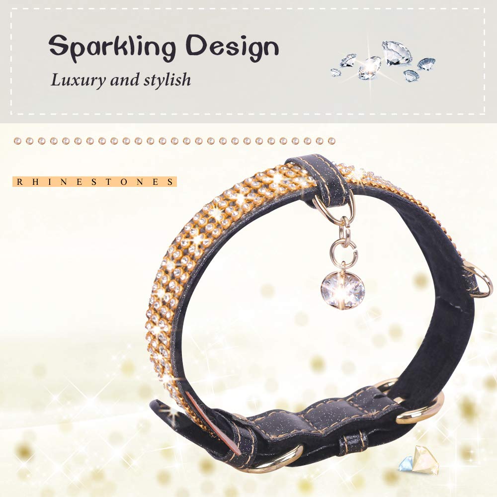 Petshome Cat Collar, Dog Collar, [Bling Rhinestones] Premium Pu Leather With Pendant Adjustable Collars For Big Cat And Small To Medium Dog Small Black