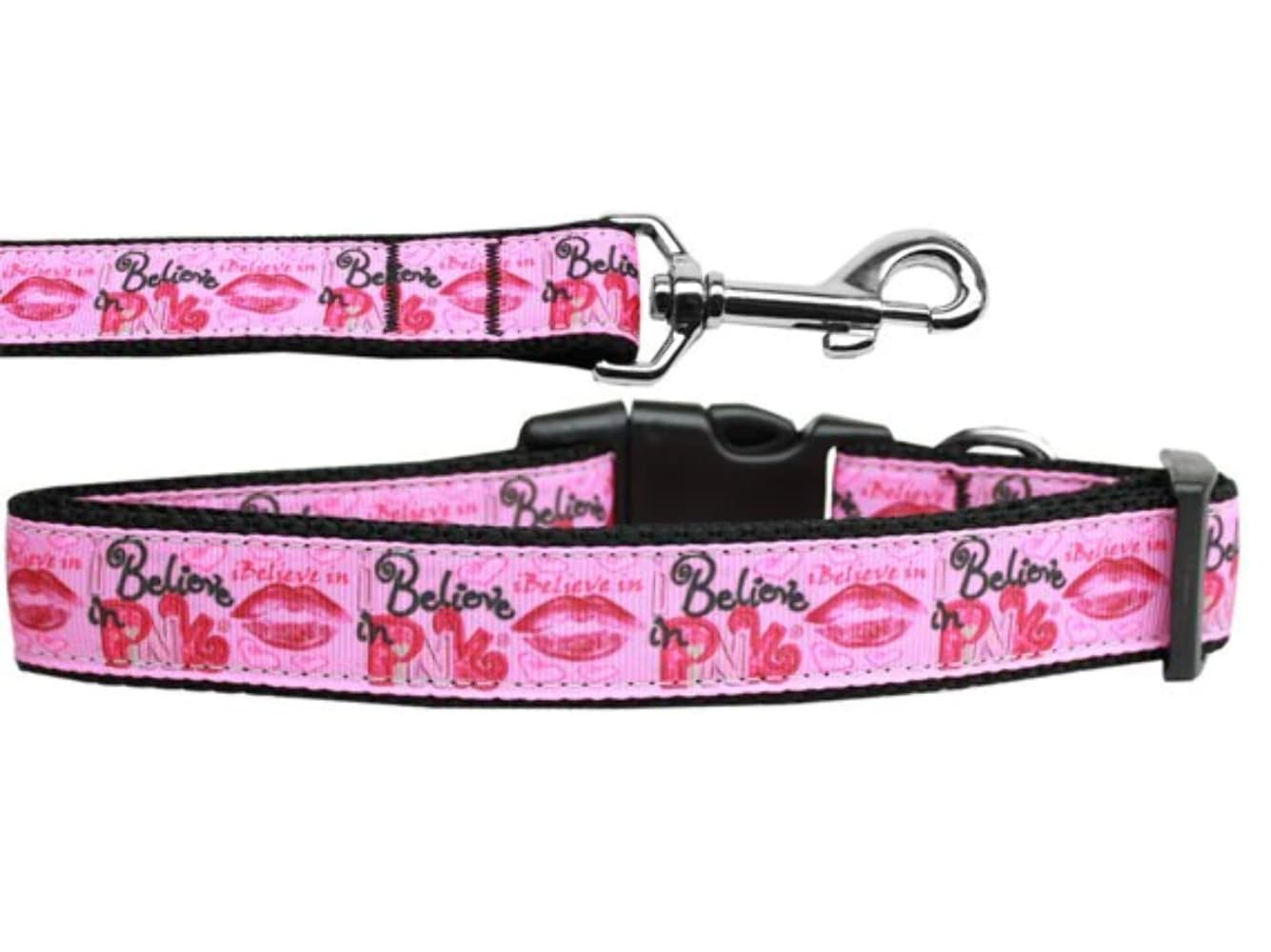 Pet Dog & Cat Nylon Collar or Leash, "Believe in Pink" 3/8" w x 4 ft. leash