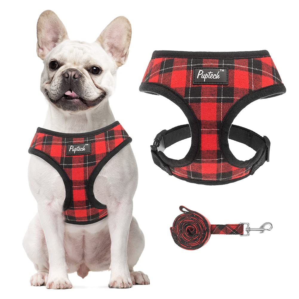 Pupteck Soft Mesh Dog Harness And Leash Set Pet Puppy Cat Comfort Padded Vest No Pull Harnesses, Red&Black, S