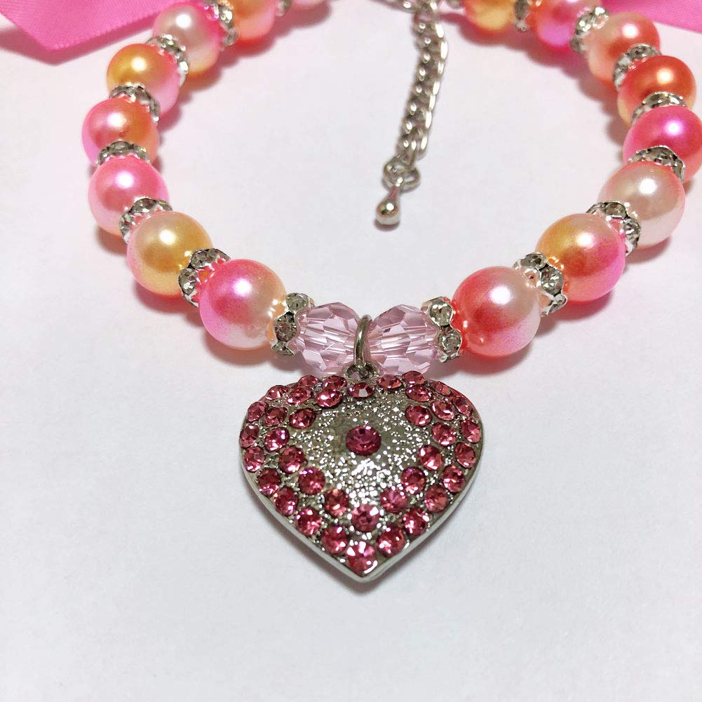 Petfavorites Ombre Dog Pearls Necklace Jewelry For Small Dogs - Bling Cat Wedding Collar With Rhinestones Heart Charm - Teacup Puppy Chihuahua Yorkie Clothes Accessories (Love Heart, 8 To 10-Inch)