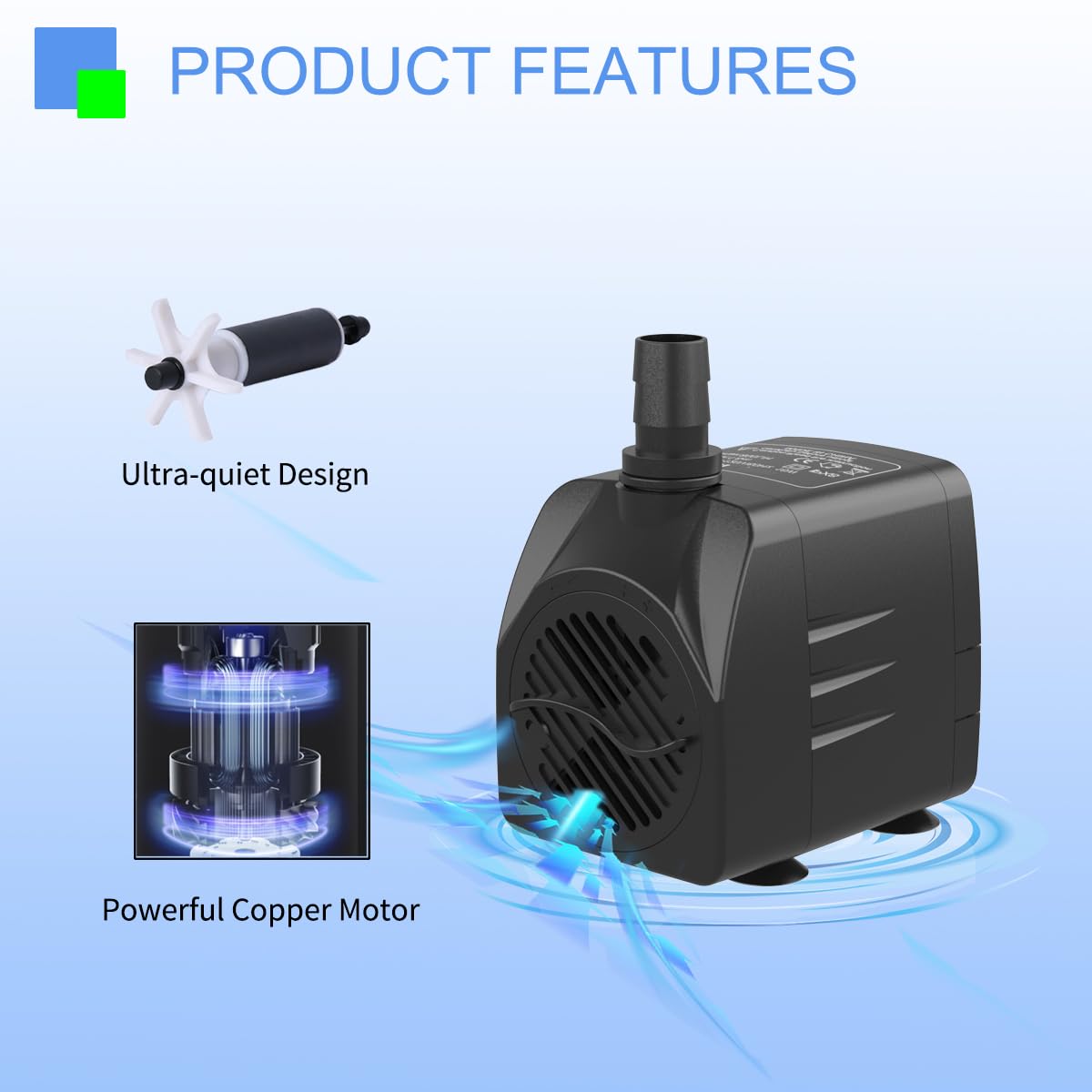 Fountain Pump 400GPH Submersible Water Pump Ultra Quiet for Fountain, Pond, Aquarium, Hydroponic with 10ft power cord