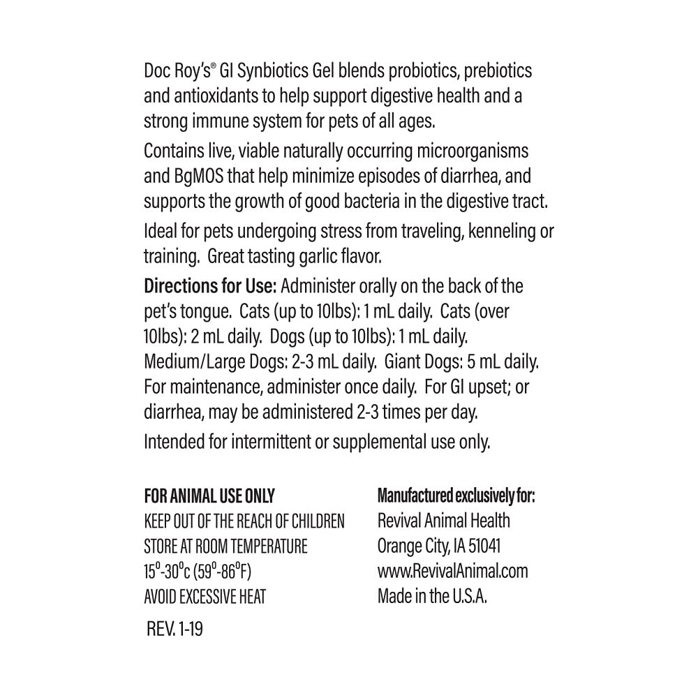 Doc Roys GI Synbiotics- Probiotic & Prebiotic Supplement Gel - for Dogs and Cats- 30 ml Gel