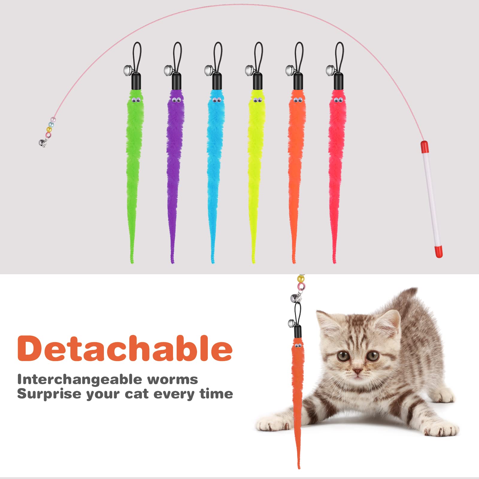 Cobee Cat Toys Wand Replacement, 6Pcs Furry Tail Worms With Bells + Cat Fishing Pole Toy, Cat Wand Toy Replacement Refills, Assorted Teaser Refills With Bell For Cat Kitten