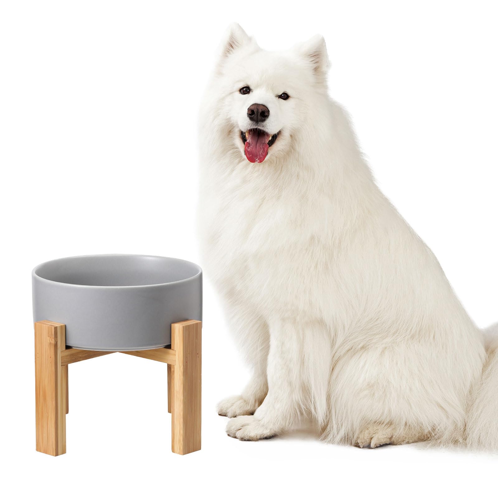 Elevated Ceramic Large Dog Bowl - Raised Dog Dish With Bamboo Stand - Heavy Weighted, No Tip Over, Comfortable Eating - 8.4'' Di