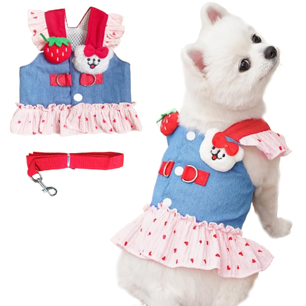 Aniac Denim Dog Dress Harness With Leash Set Cute Small Dogs Clothes Girl Heart Patterns Puppy Dresses Breathable Mesh Cat Harne