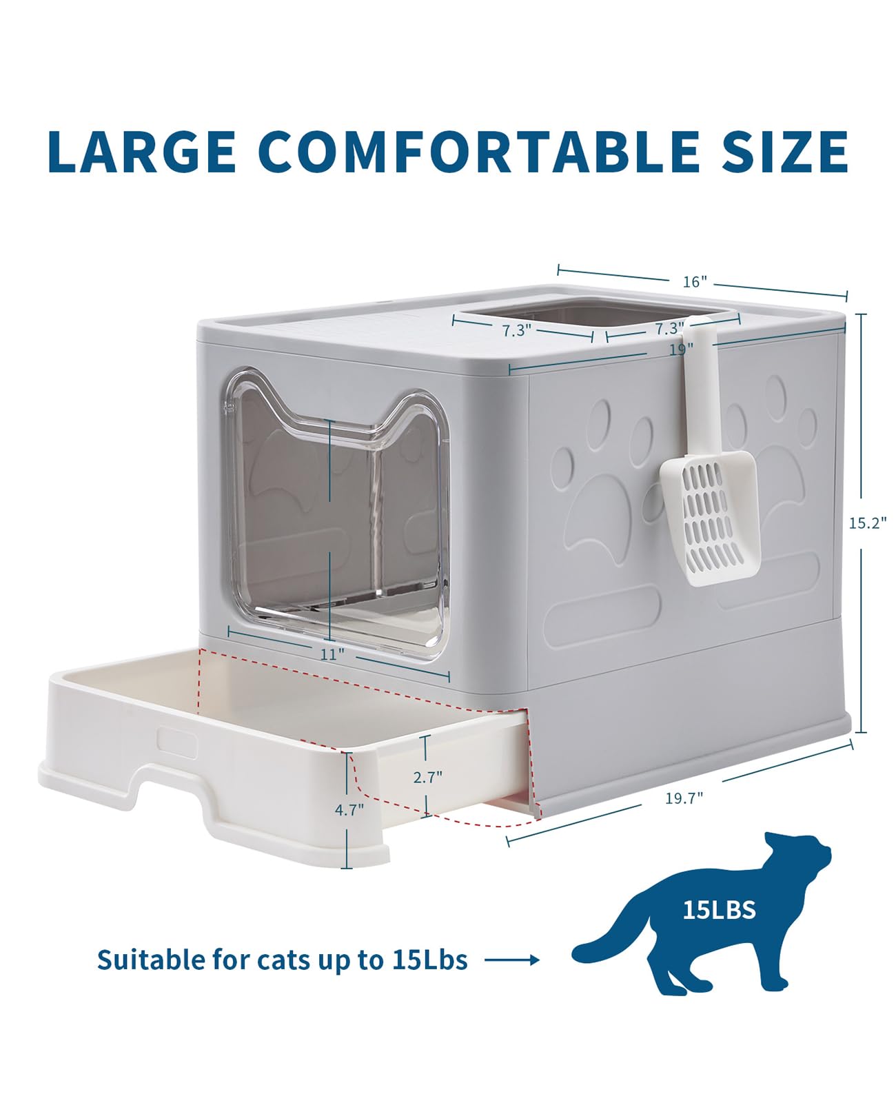 Medario Cat Litter Box With Mat And Scoop, Large Foldable Litter Box With Lid, Front Entry Top Exit Kitty Litter Box, Odor Control Easy Clean (Grey)