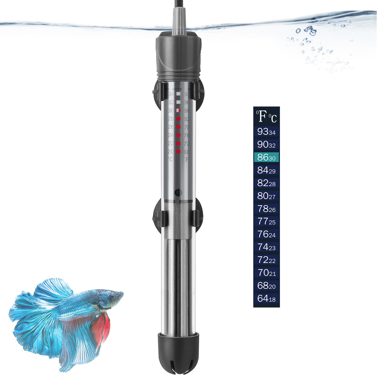 Hitop 25W 50W 100W 200W 300W Adjustable Aquarium Heater, Submersible Fish Tank Heater Thermostat With Suction Cups (100W-Grey)
