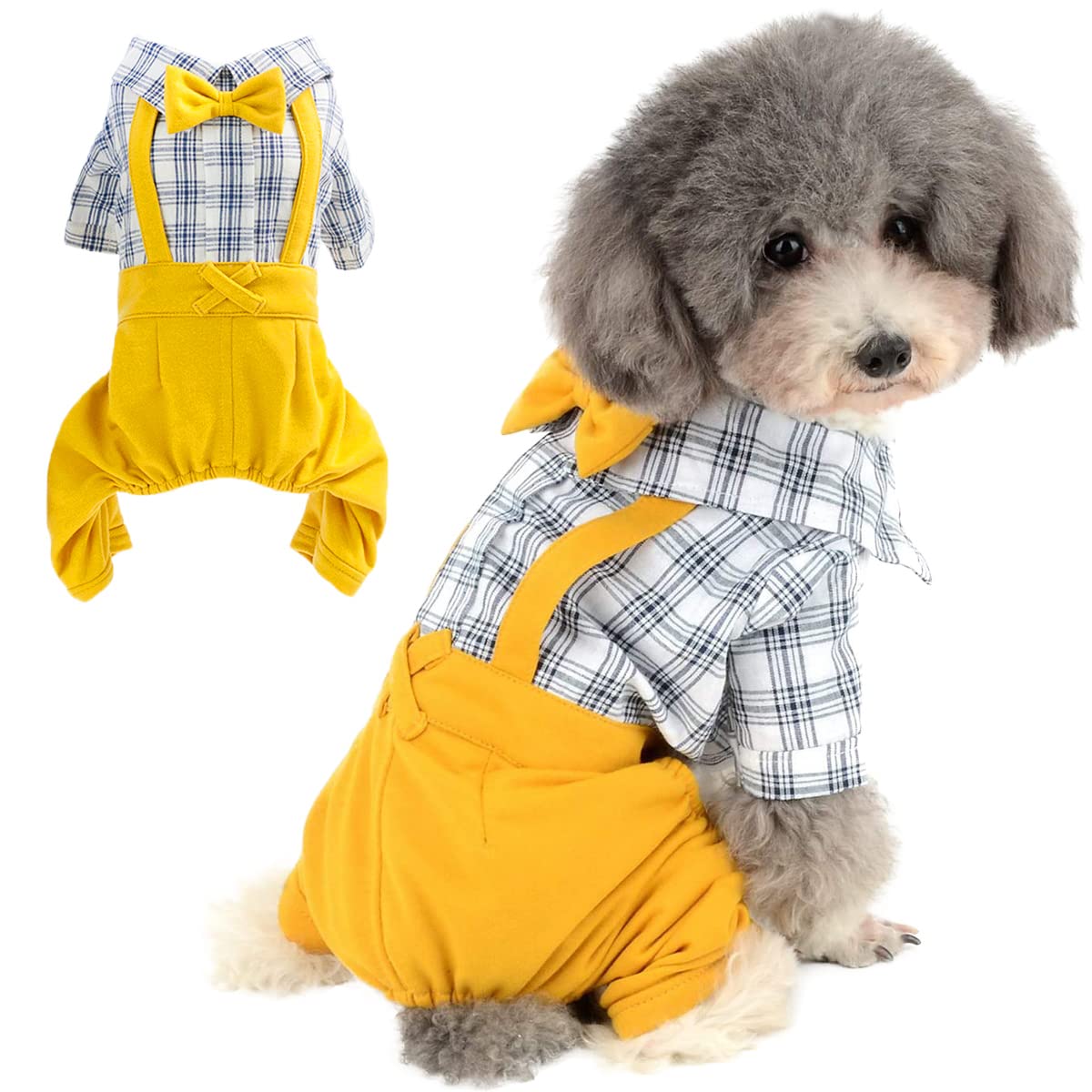 Dog Shirts Clothes Striped Onesies, Pet Plaid Overalls Apparel, Puppy Costumes Classic Black And White Jumpsuit With Bowtie For Small Medium Dogs Cats Boy Girl Wedding/Party (Large, Yellow)