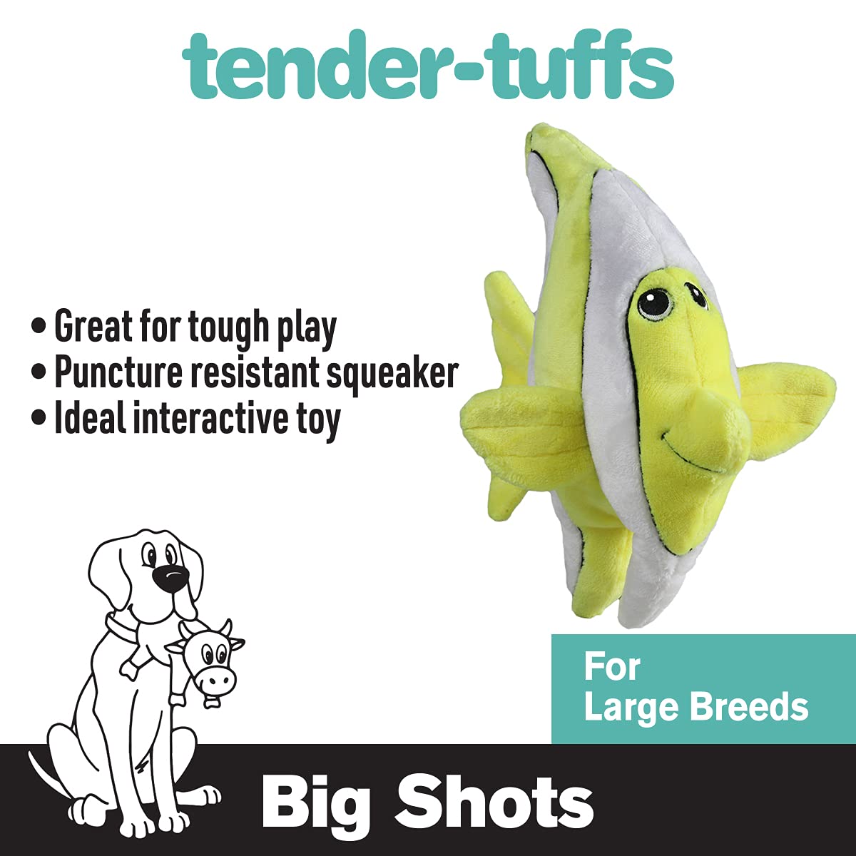 Smartpetlove Snuggle Puppy Tender-Tuffs Big Shots - Large Plush Dog Toys For Medium And Large Breeds - Stuffed Yellow Angelfish