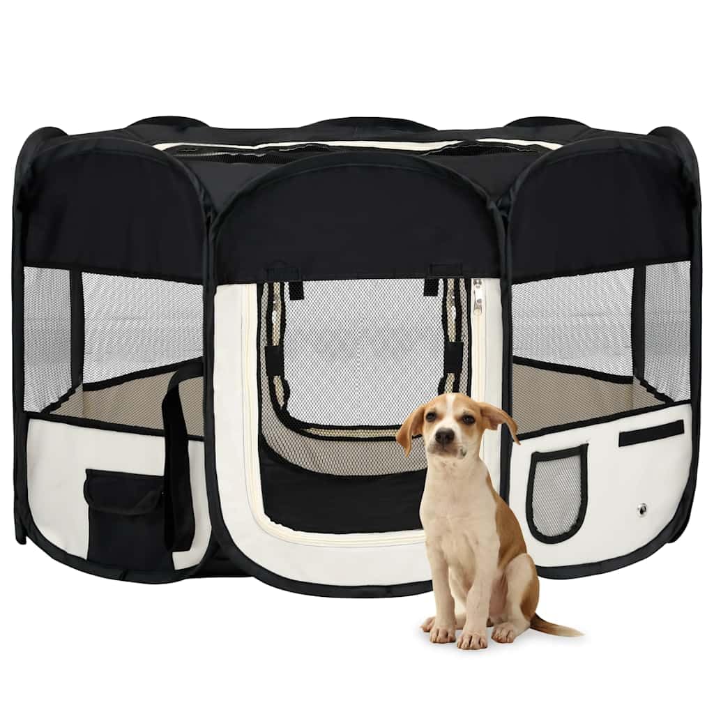 vidaXL Foldable Dog Playpen - Portable, Mesh Netting for Ventilation, Zipper Doors, Side Pockets, Durable Steel Frame, Black and