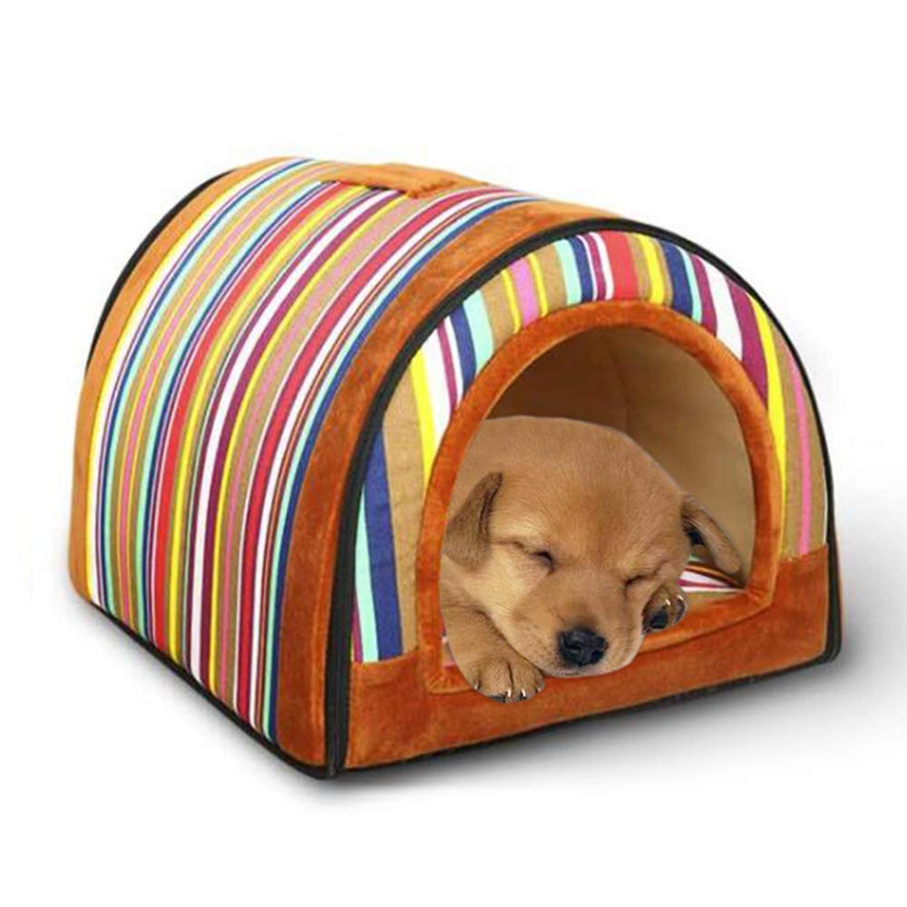 Barelove Pet Dog Bed For Indoor Cat Small Doggy, 2 In 1 Portable Soft Plush Pet Kitten Lgloo House Cave Warm Cozy Premium Puppy Rabbit Tent Beds With Removable Cushion & Anti-Slip Bottom (Stripe)