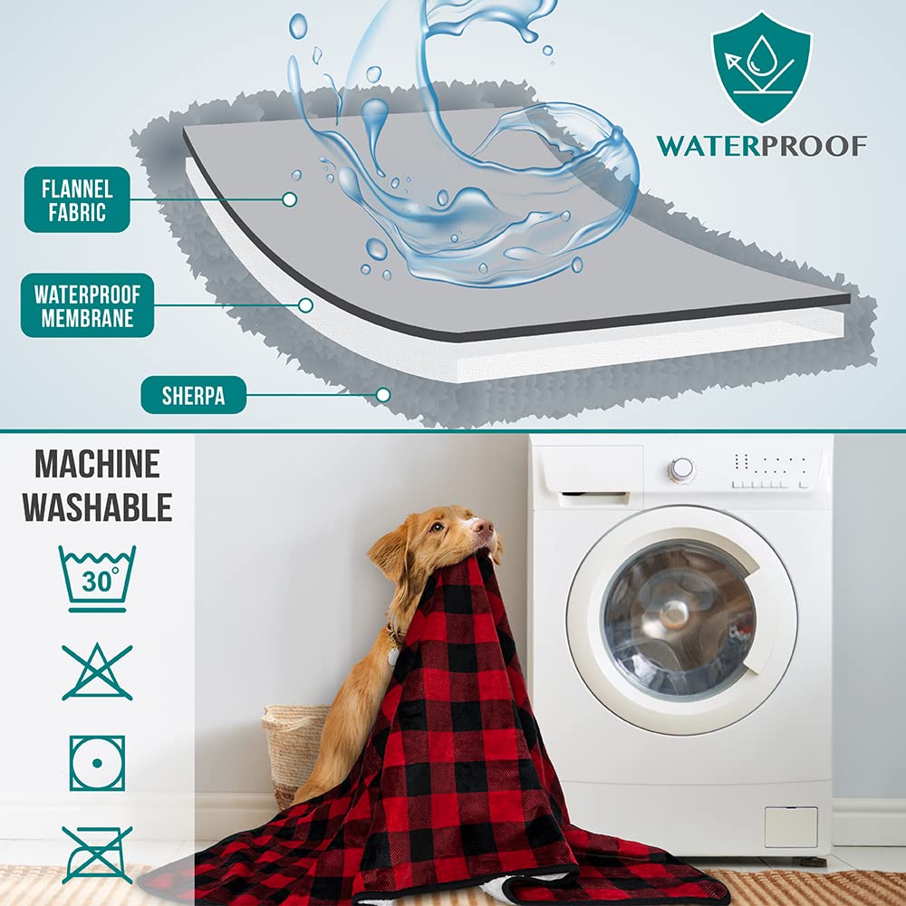 Petami Waterproof Dog Blanket For Large Giant Dogs, Pee Proof Pet Blanket Sherpa Fleece Crate Cover, Reversible Cat Throw Bed Kennel Protector, Soft Plush Washable Pad (Queen 90X90, Checker Red)