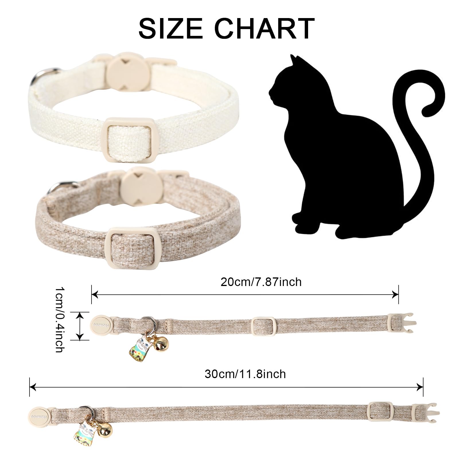 Cat Collar,2 Pack White Hemp Cat Collars Breakaway With Bell, Dogwong Safety Buckle Wedding Cat Collar For Girl Boy Cats And Sma