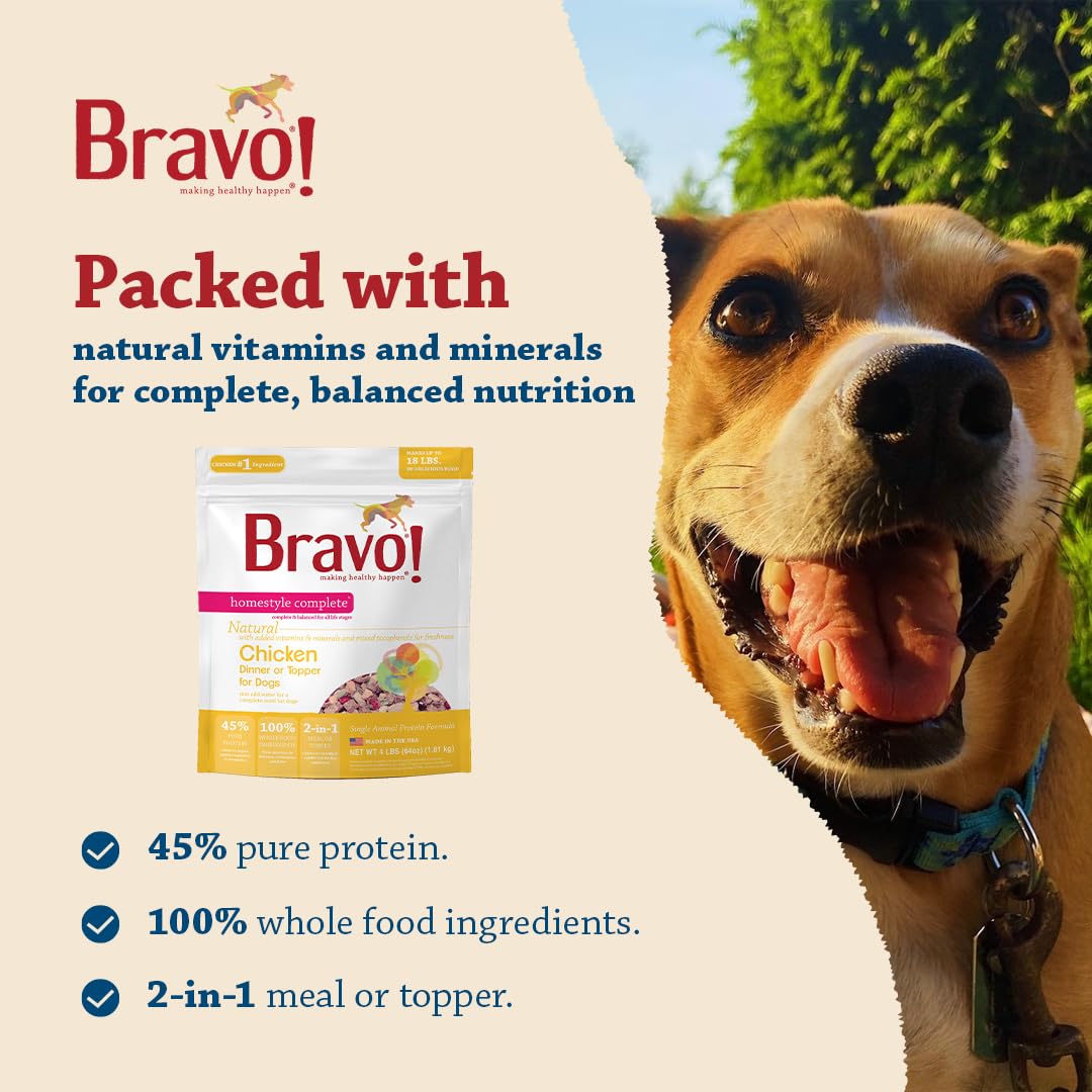 Bravo! Homestyle Complete Freeze Dried Raw Dog Food or Topper, Chicken, 4 Pounds, Add Water to Rehydrate for up to 18 Pounds of