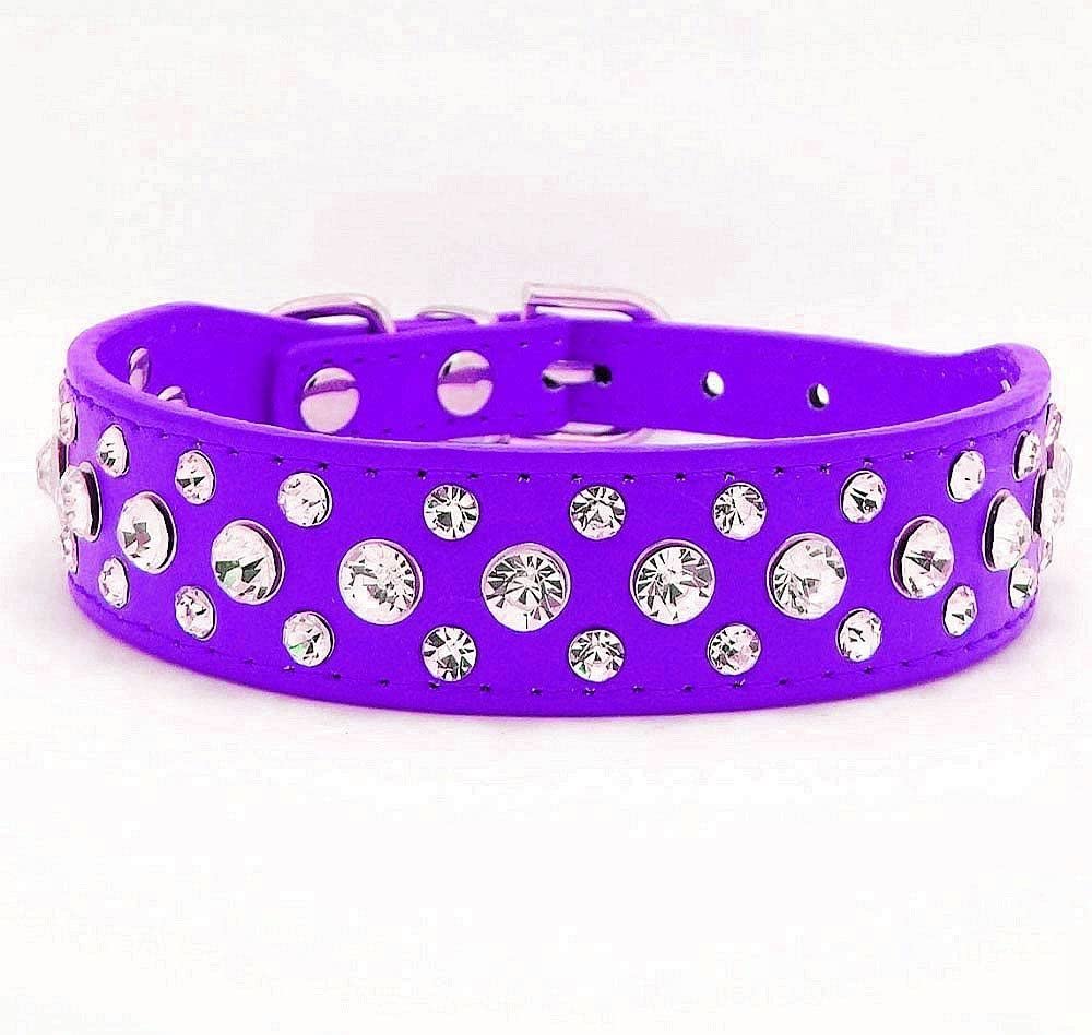 Rhinestone Dog Collar, Bling Rhinestone Pu Leather Crystal Diamond Pet Dog Cat Puppy Collar Black S M L Xl (M, Purple)