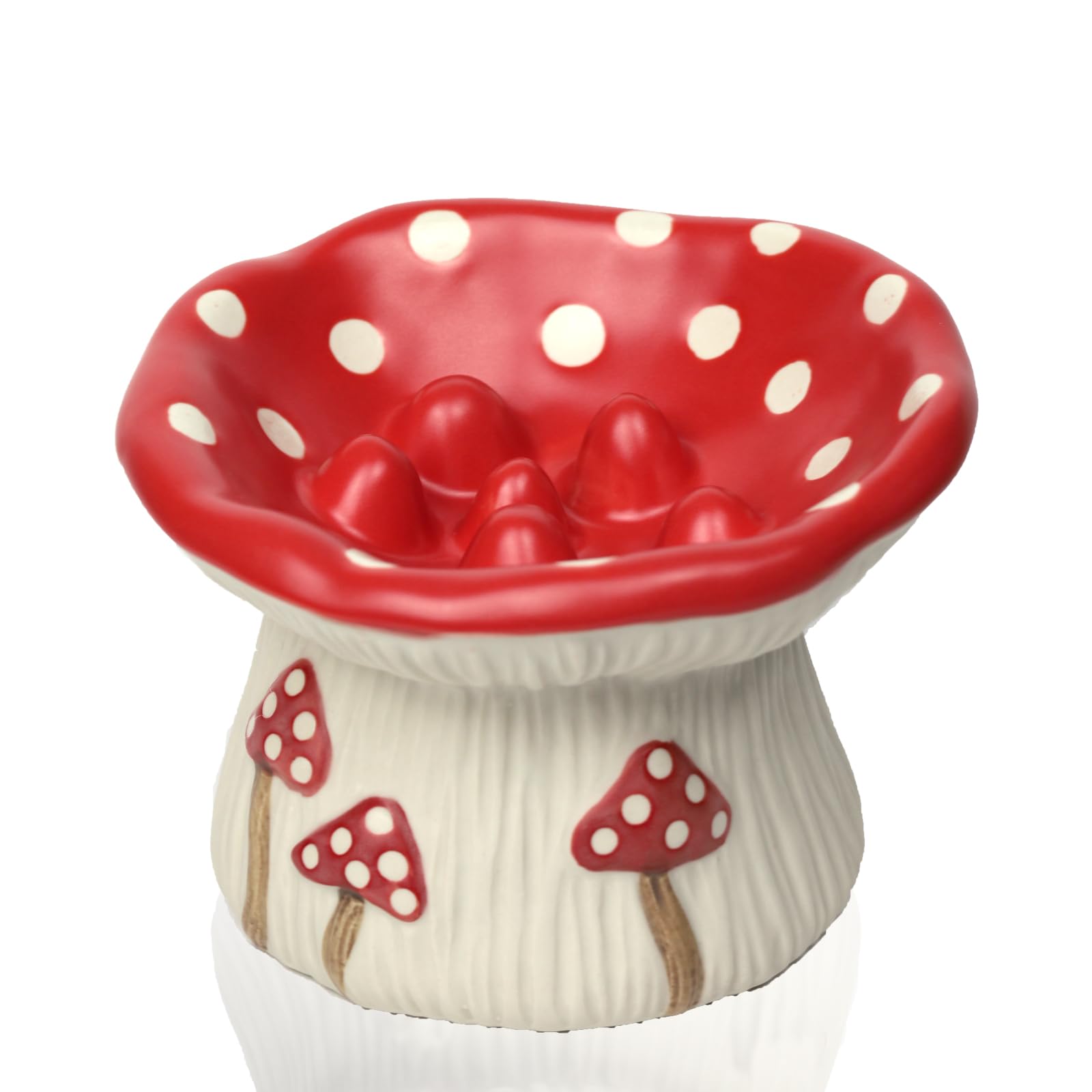 Ceramic Cat Slow Feeder, Cute Mushroom Shape Elevated Food Bowl, Shallow Raised Cat Dish, Anti Vomiting Whisker Fatigue Bowls