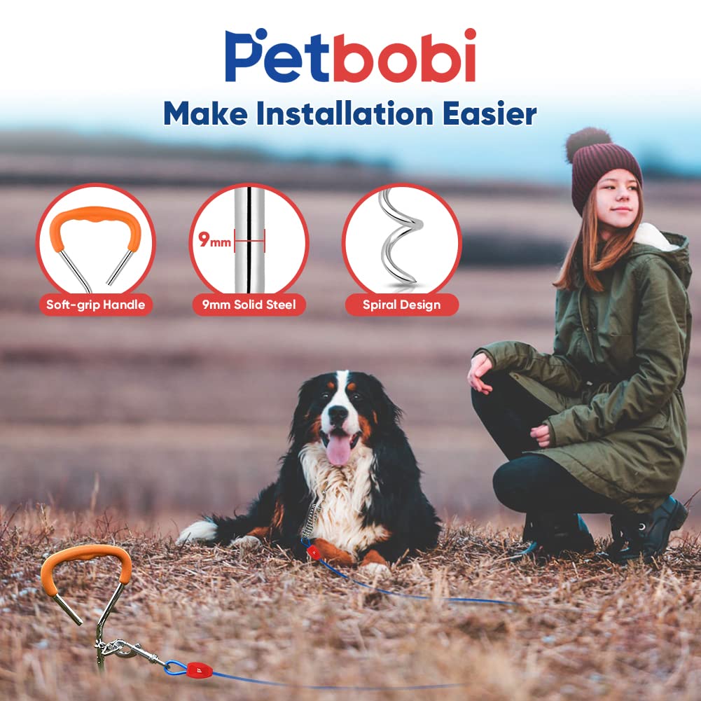 Petbobi Dog Tie Out Cable And Stake - 30Ft Heavy Duty Cable With Spring - No Tangle, 16-Inch Ground Stake - Ideal For Yard, Camping, And Beach - Suitable For Medium To Large Dogs Up To 120 Lbs, Blue