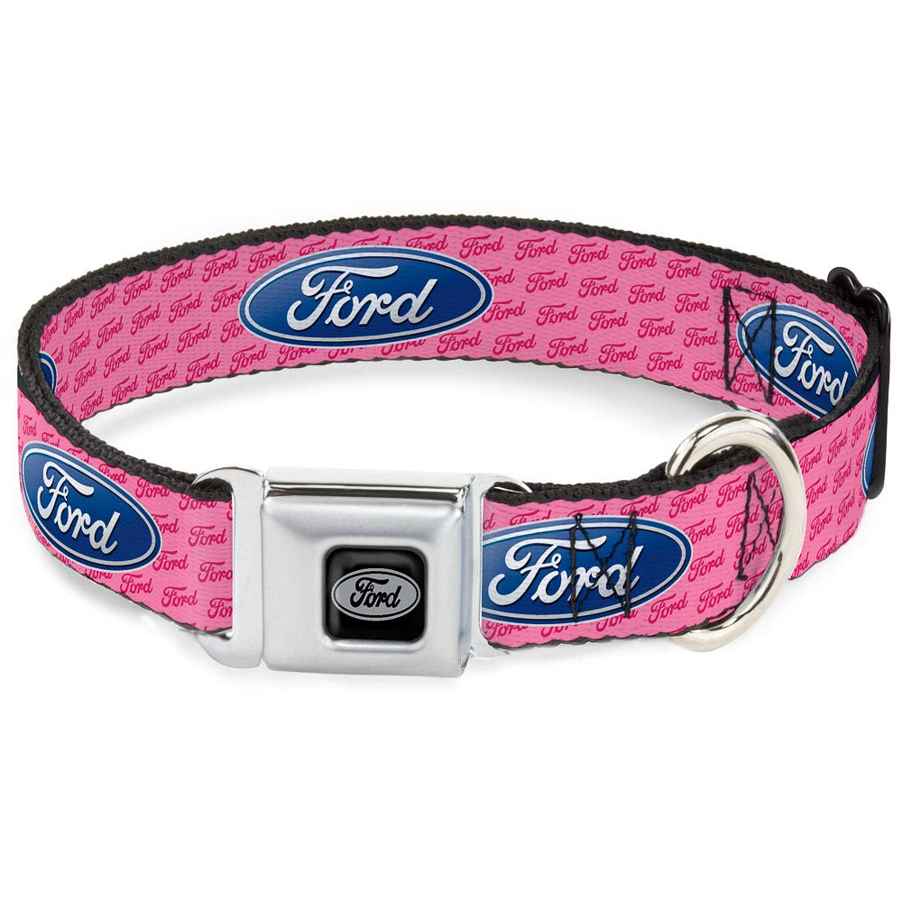 Buckle-Down Seatbelt Buckle Dog Collar - Ford Oval W/Text Pink - 1' Wide - Fits 11-17' Neck - Medium