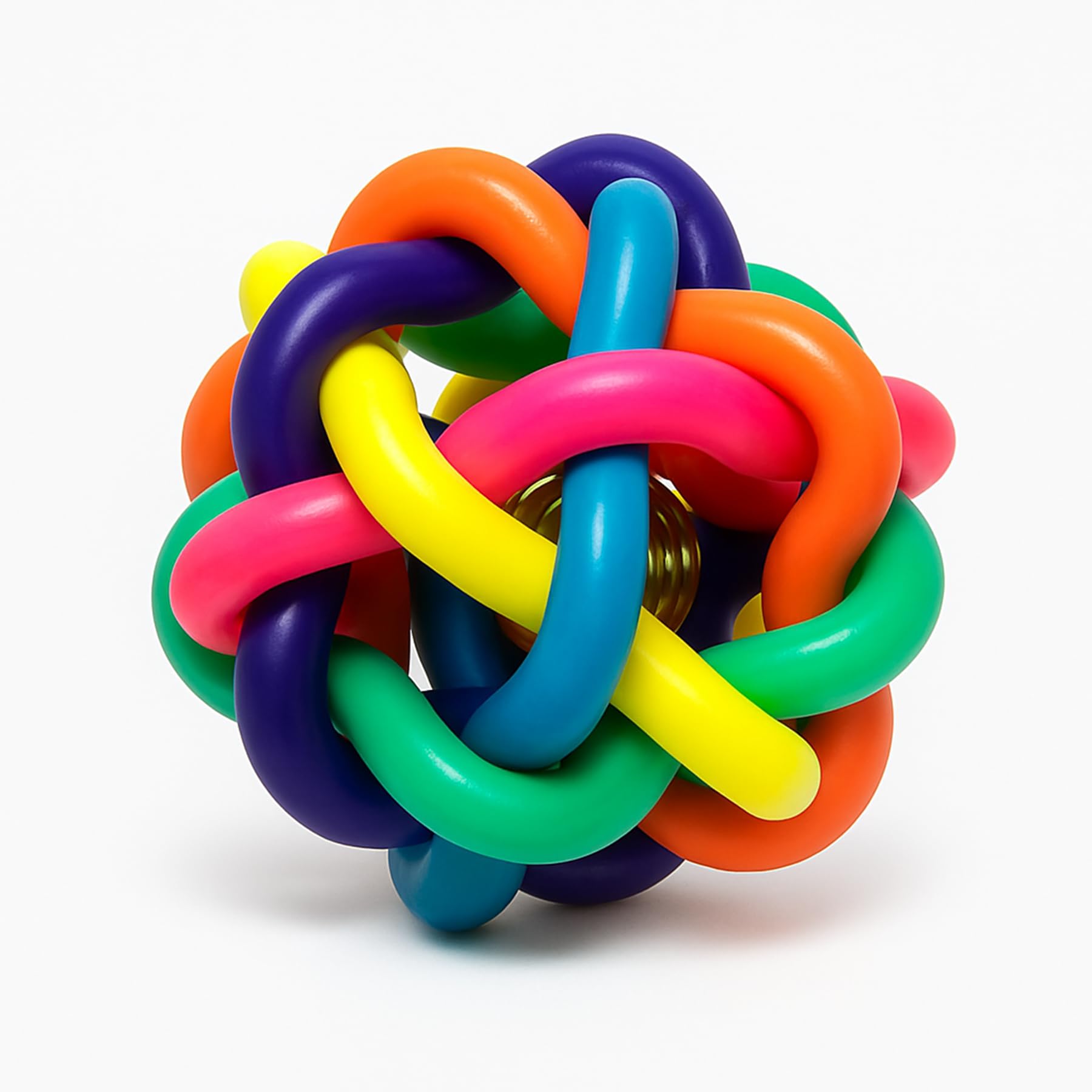 Shopmefast Colorful Rainbow Ball Dog Toy With Bell, Rubber Chew Toy, MultiColour Woven Braided Ball, 4 Inches Diameter, For Pup