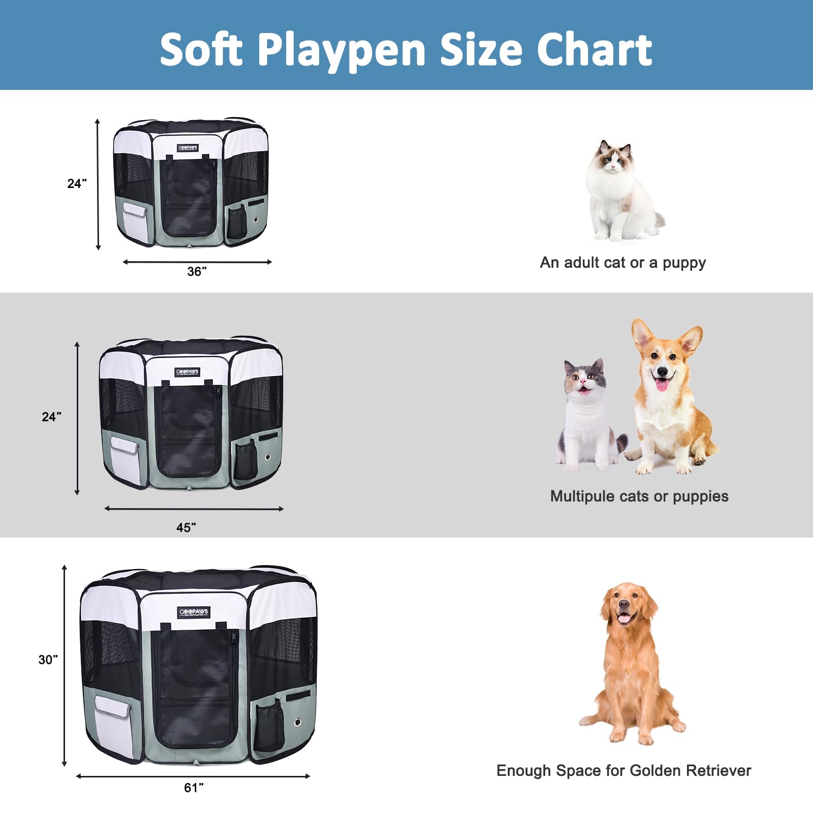 Jespet 61'' Pet Dog Playpens, Portable Soft Dog Exercise Pen Kennel With Carry Bag For Puppy Cats Kittens Rabbits,Shale Green