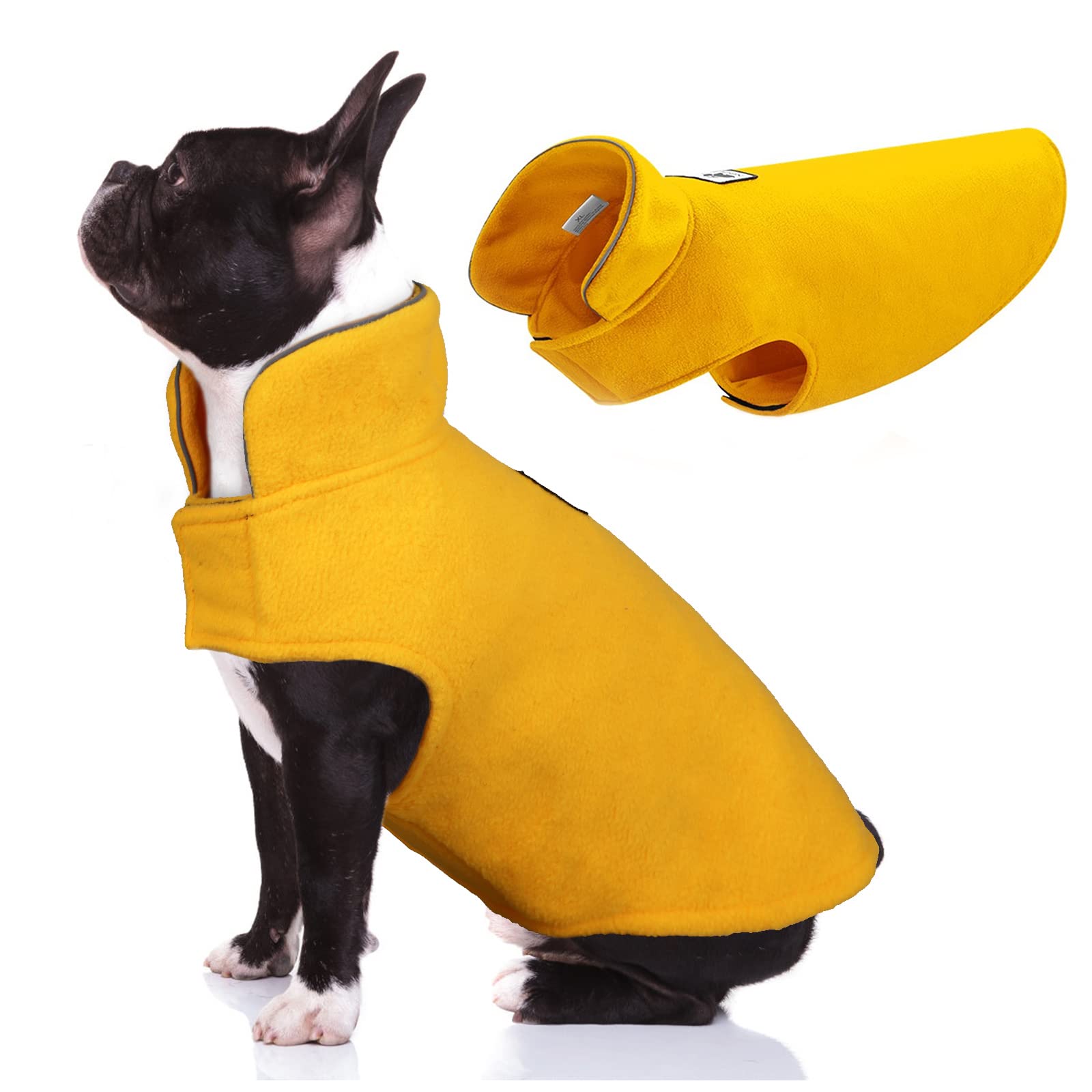 Dentrun Windproof Winter Warm Fleece Small Dog Coat Reversible Puppy Jacket Reflective Soft Pet Vest, Cold Weather Dog Sweater Apparel Leash Access Overcoat For Small Breeds, Yellow, S