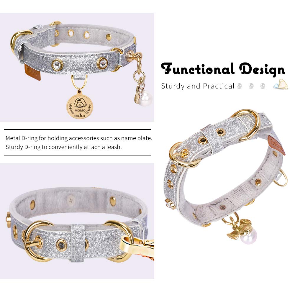 Petshome Cat Collar, Dog Collar, [Bling Rhinestones] Pu Leather Adjustable Pet Collar With Luxury Pendant For Cat And Small Dog Extra Small Silvery