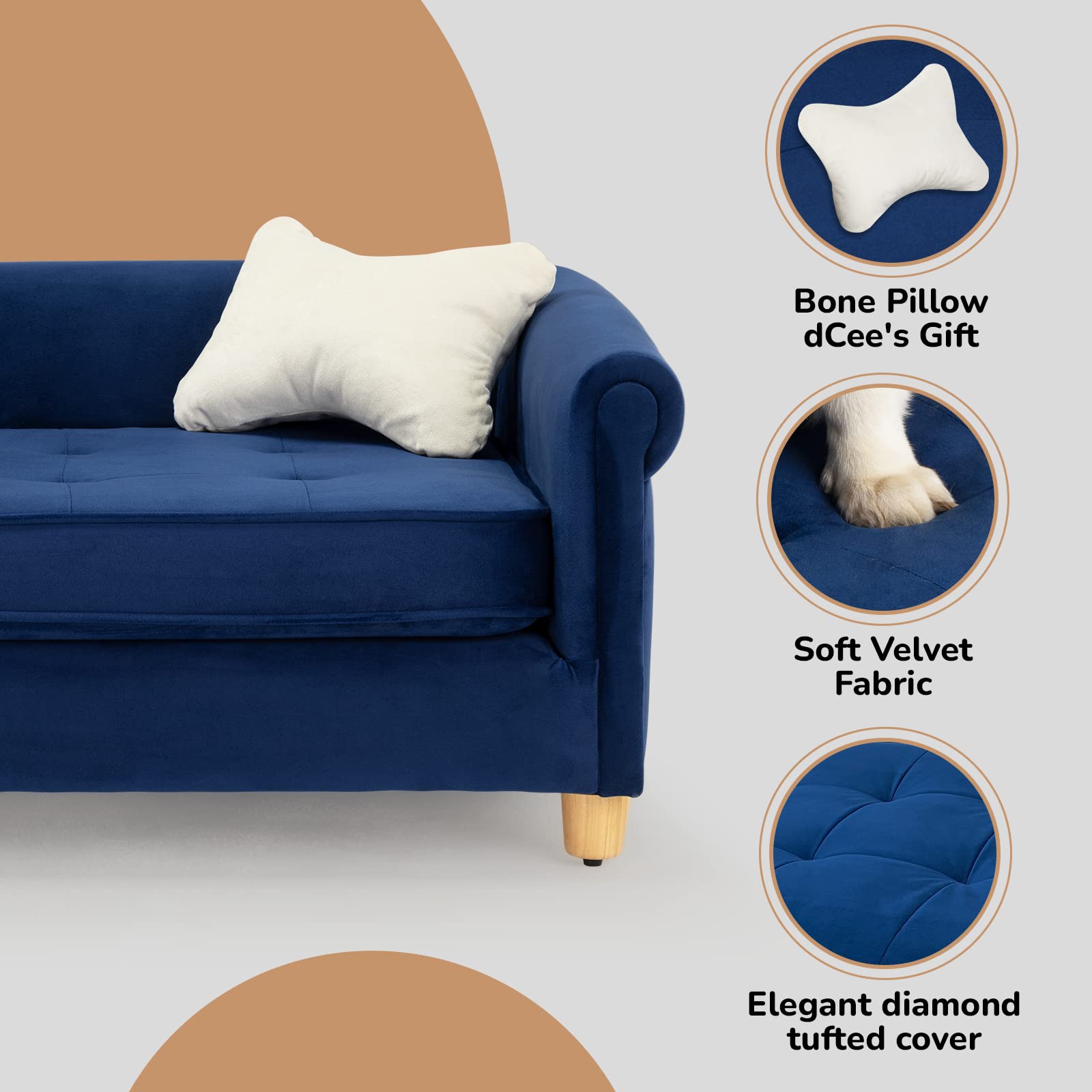 dCee Medium Dog Sofa, Holds Up to 70 Lbs, 33 in. Soft Velvety Dog Couches, Pet Sofa for Comfort Sleep and Joint Support, Navy