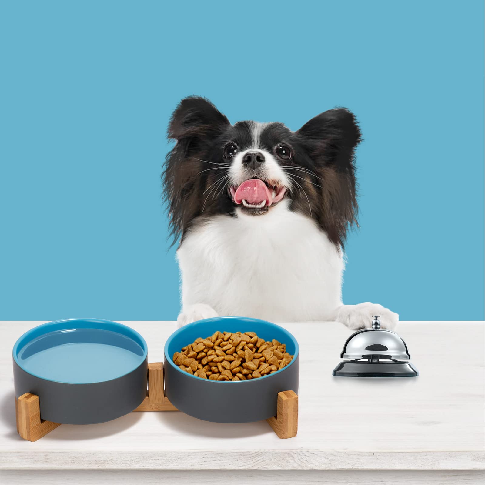SPUNKYJUNKY Ceramic Dog and Cat Bowl Set with Wooden Stand, Modern Cute Weighted Food Water Set for Small Size Dogs (13.5OZ) & M