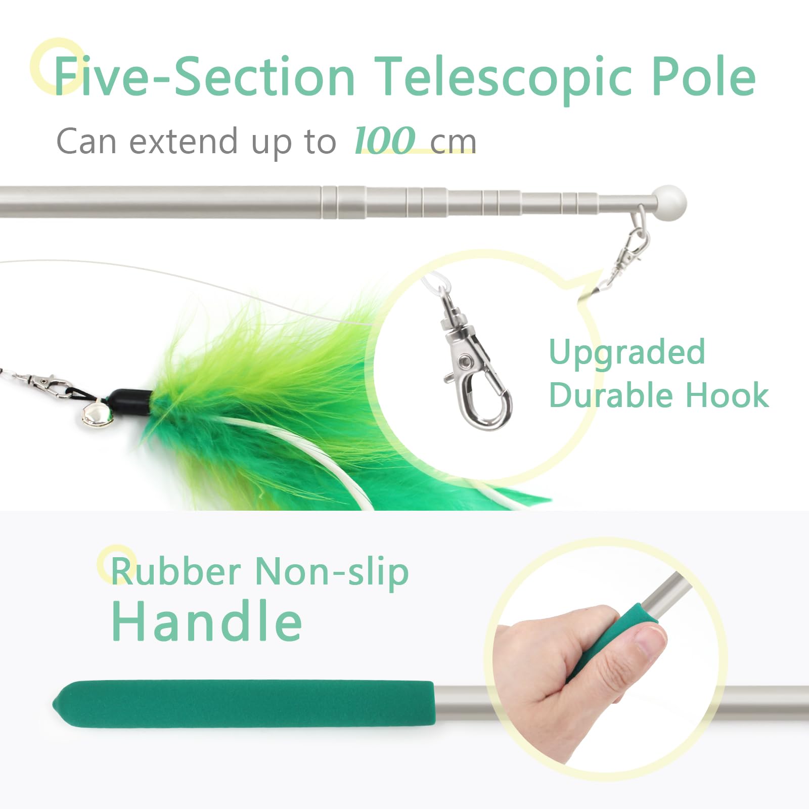 Songway Cat Feather Toys Wand - 7 Pcs Interactive Cat Toys For Indoor Cat Kitten, Retractable Cat Wand Toy With 6 Natural Feather Refills With Bell, Cat Fishing Pole Toy