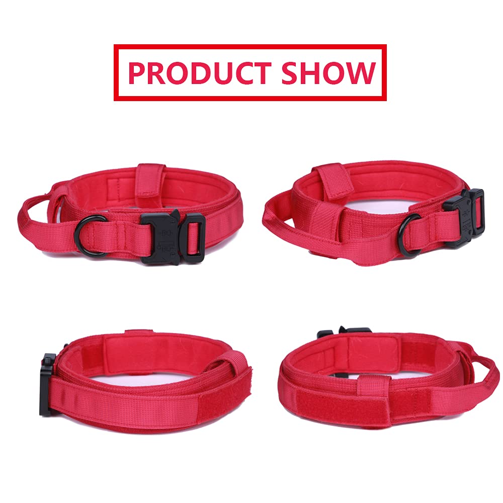 Tactical Dog Collar And Leash Set Tactical Dog Collar With Handle Bungee Leash Adjustable Military Training Nylon Collar Dog Training Collar Leash Set With Control Handleand Metal Buckle (Red L