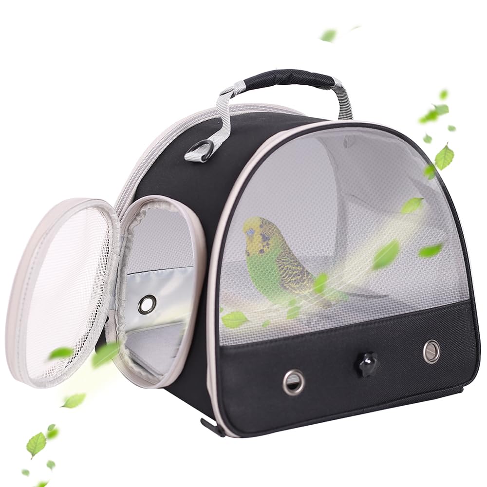 Bird Carrier, Portable Small Bird Parrot Parakeet Carrier with Standing Perch (No Tray), Side Access Window Collapsible (Black, 