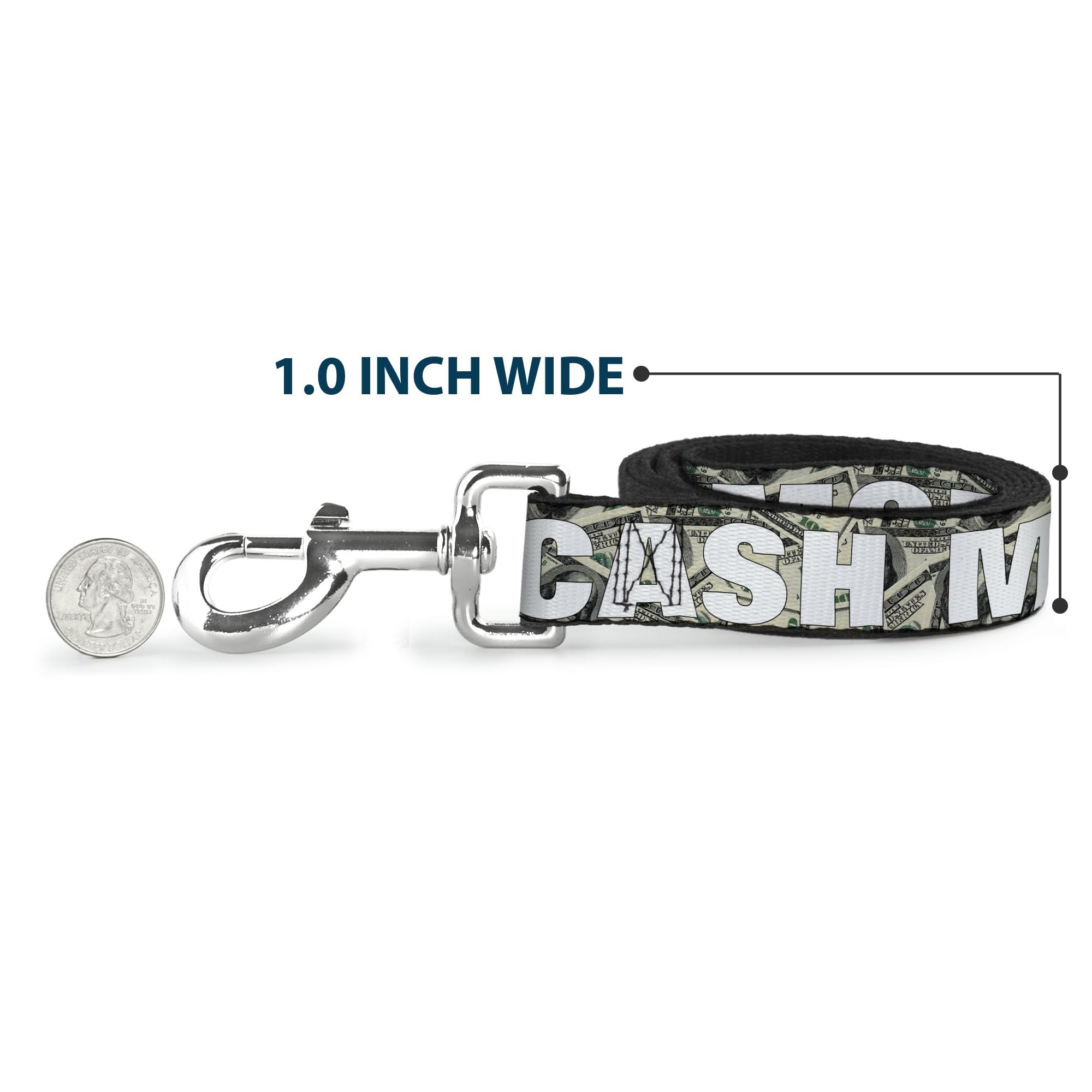 Buckle-Down Dog Leash Cash Money Dollar Bills White Fill 6 Feet Long 1.5 Inch Wide