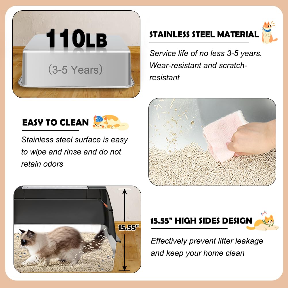 Vivifying Stainless Steel Litter Box, Xl Side Entry Extra Large Litter Box With Lid For Big Cats & Kitty, Removable Enclosed Met