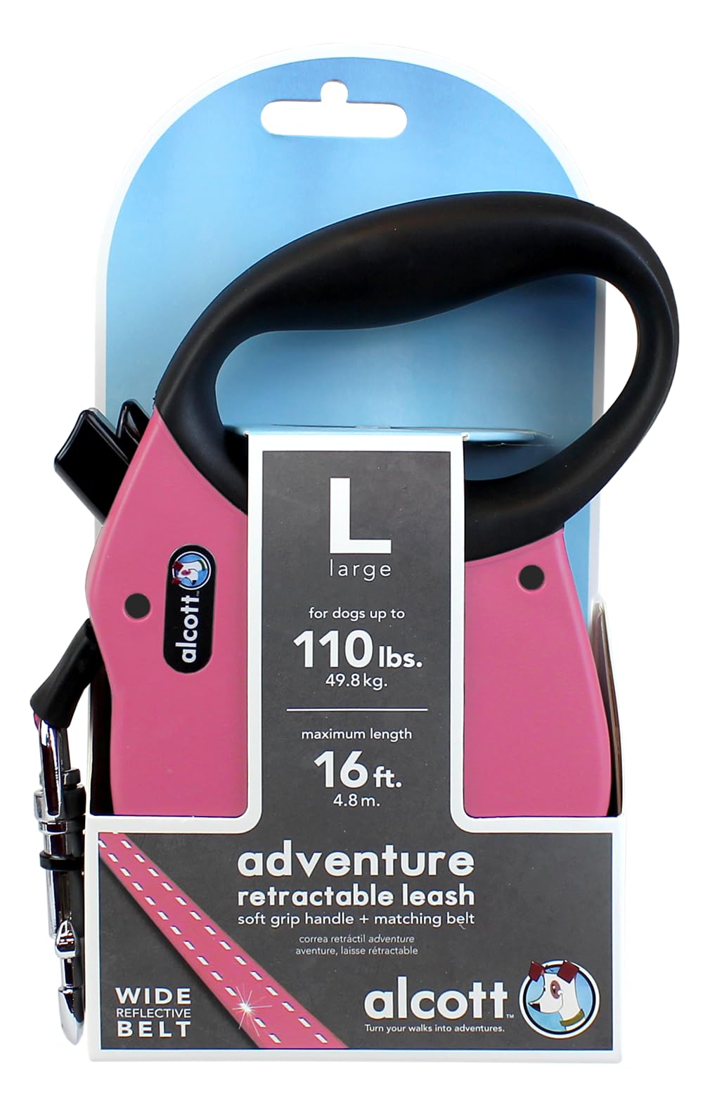 Alcott Adventure Retractable Reflective Belt Leash, Large, Pink