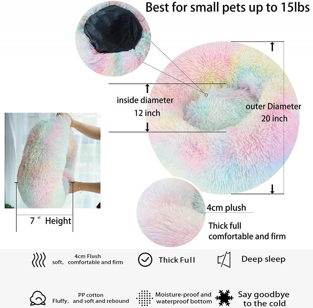 Cat Beds For Indoor Cats - Cat Bed Washable 20/24 Inches, Dog Beds For Small Medium Dogs, Anti Anxiety Round Fluffy Plush Faux Fur Cat Bed, Thick Bottom (Rainbow, Medium)