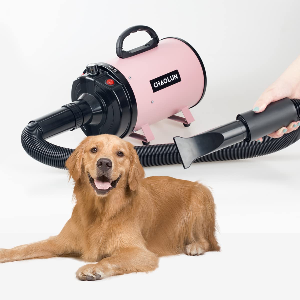 Chaolun Dog Dryer, Dog Blow Dryer, High Velocity Professional Pet Grooming Dryer, Dog Hair Dryer With Heater, Stepless Adjustable Speed, 3 Different Nozzles And A Comb, Pink