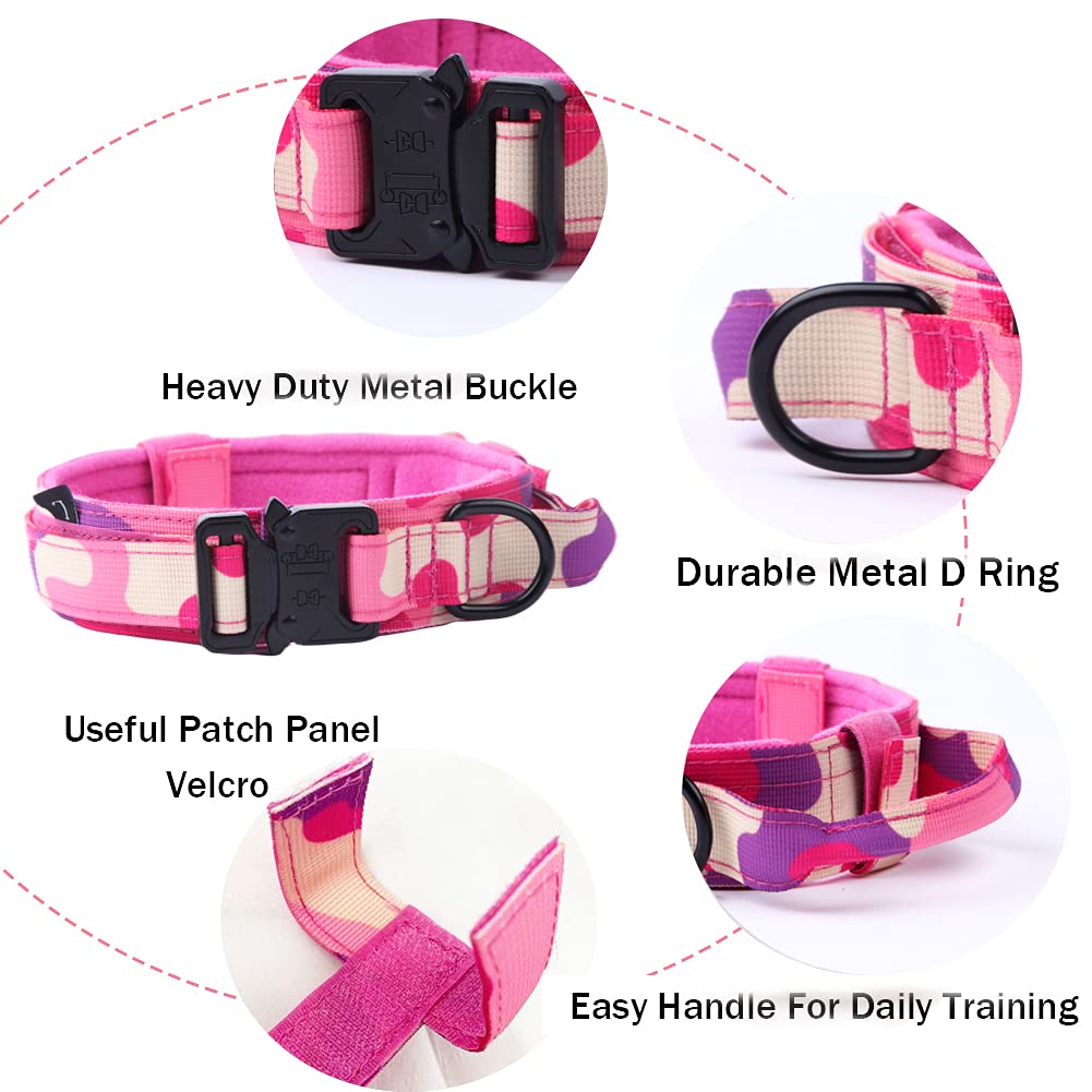 Tactical Dog Collar Military Dog Collar Adjustable Nylon Dog Collar Heavy Duty Metal Buckle With Handle For Dog Training (Pink Camo,Xxl)