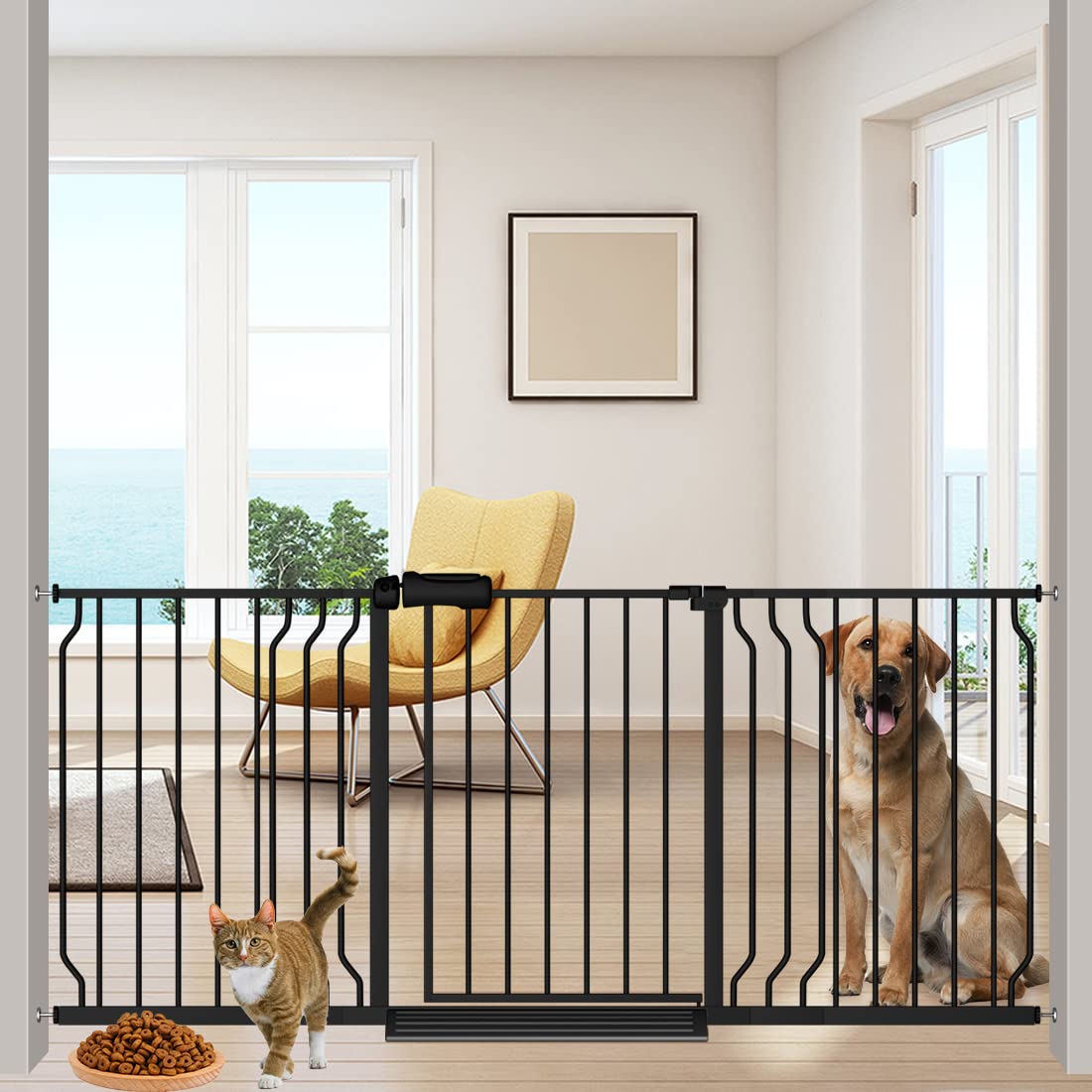 Flower Frail Extra Wide Baby Gate 67-71.5 Inch Wide Walk Through Pressure Mounted Auto Close Large Long Tension Gate For Dog And Cats Black