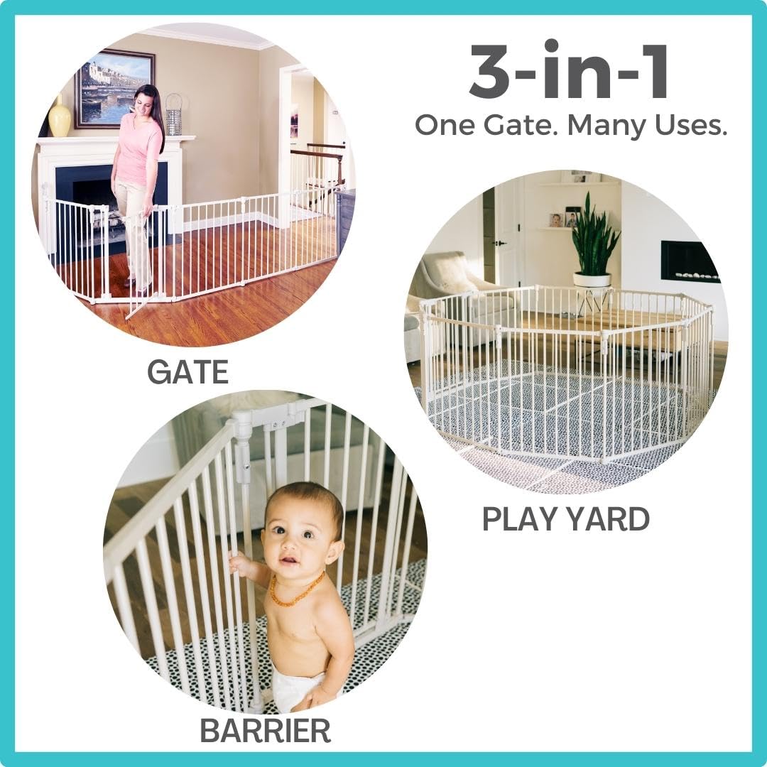 Toddleroo By North States 3 In 1 Metal Superyard 8 Panel Play Yard, Baby Gate, Playpen Or Extra Wide Baby Fence, 199' Wide. Wall Mount Kit Included. 19 Sq Ft Play Yard (30' Tall, Taupe)
