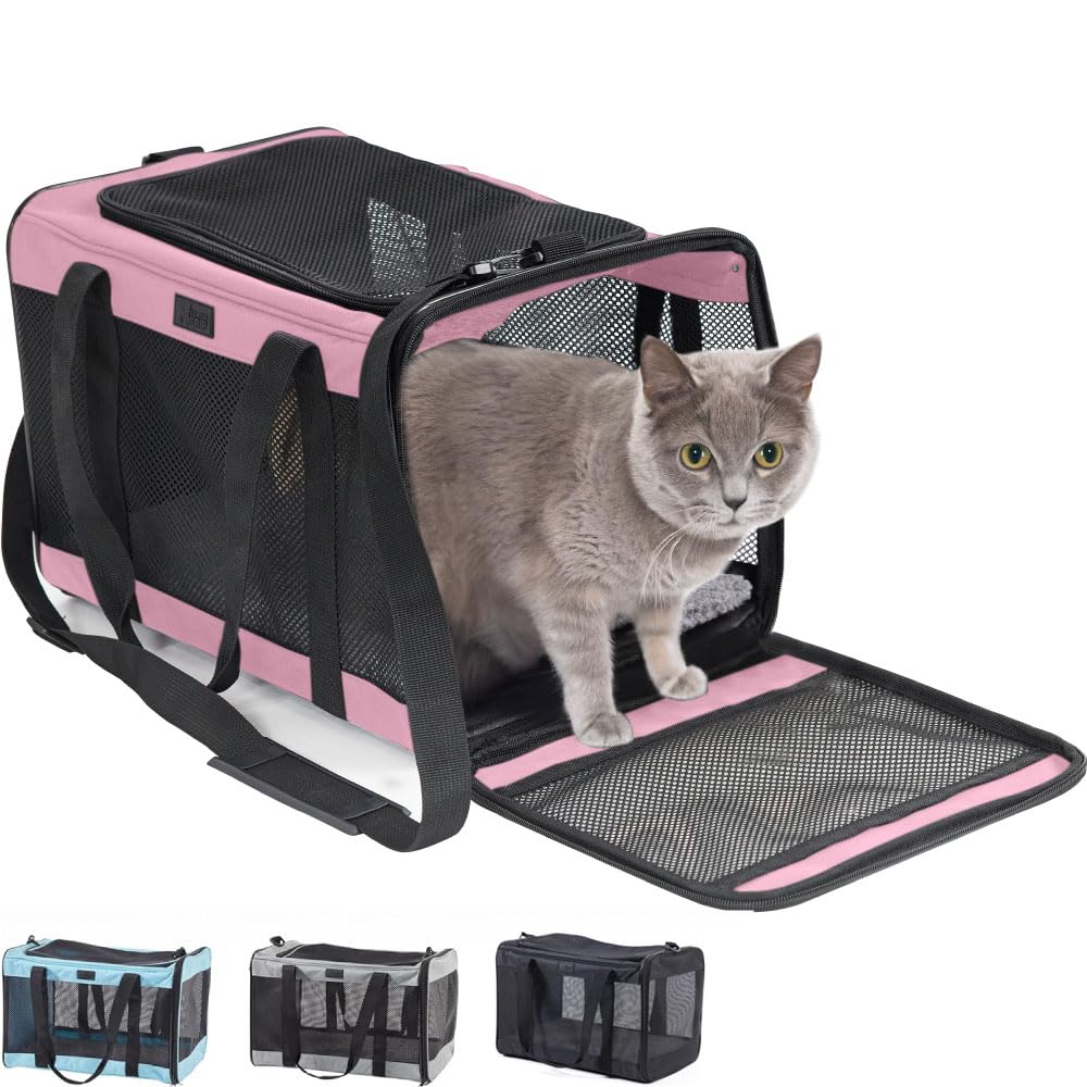 Gorilla Grip Airline Travel Cat Carrier Bag Up To 15 Lbs, Breathable Mesh Collapsible Pet Carriers For Small, Medium Cats, Small Dogs, Puppies, Portable Kennel With Soft Washable Waterproof Pad Pink