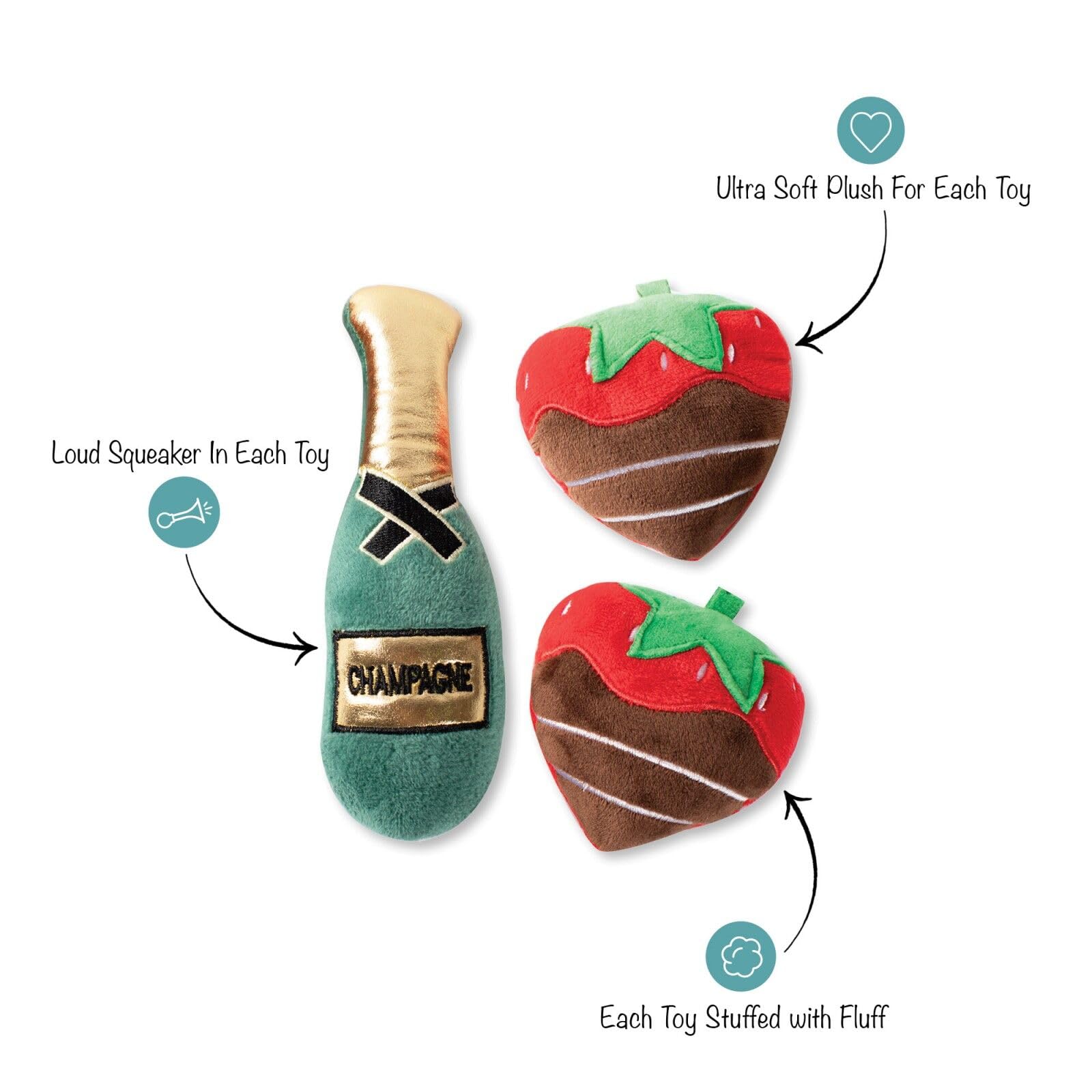 Fringe Studio Plush Dog Toy Set, Champagne Strawberry, 3 Piece Set, For Small Dogs (289482)