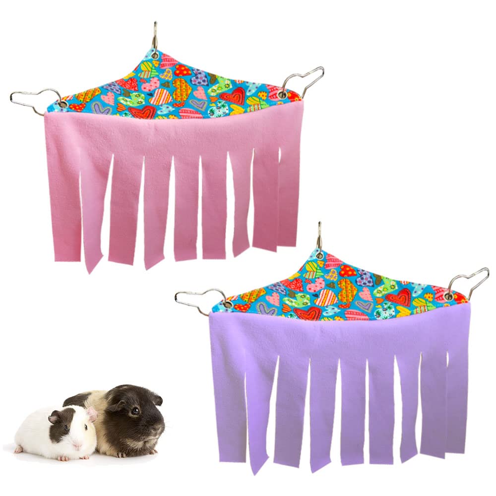 Rioussi Guinea Pig Hideout Hideaway Corner Fleece Toys Cage Accessories With Reversible Sides, Heart/Gray-Pink+Purple, Pack Of 2